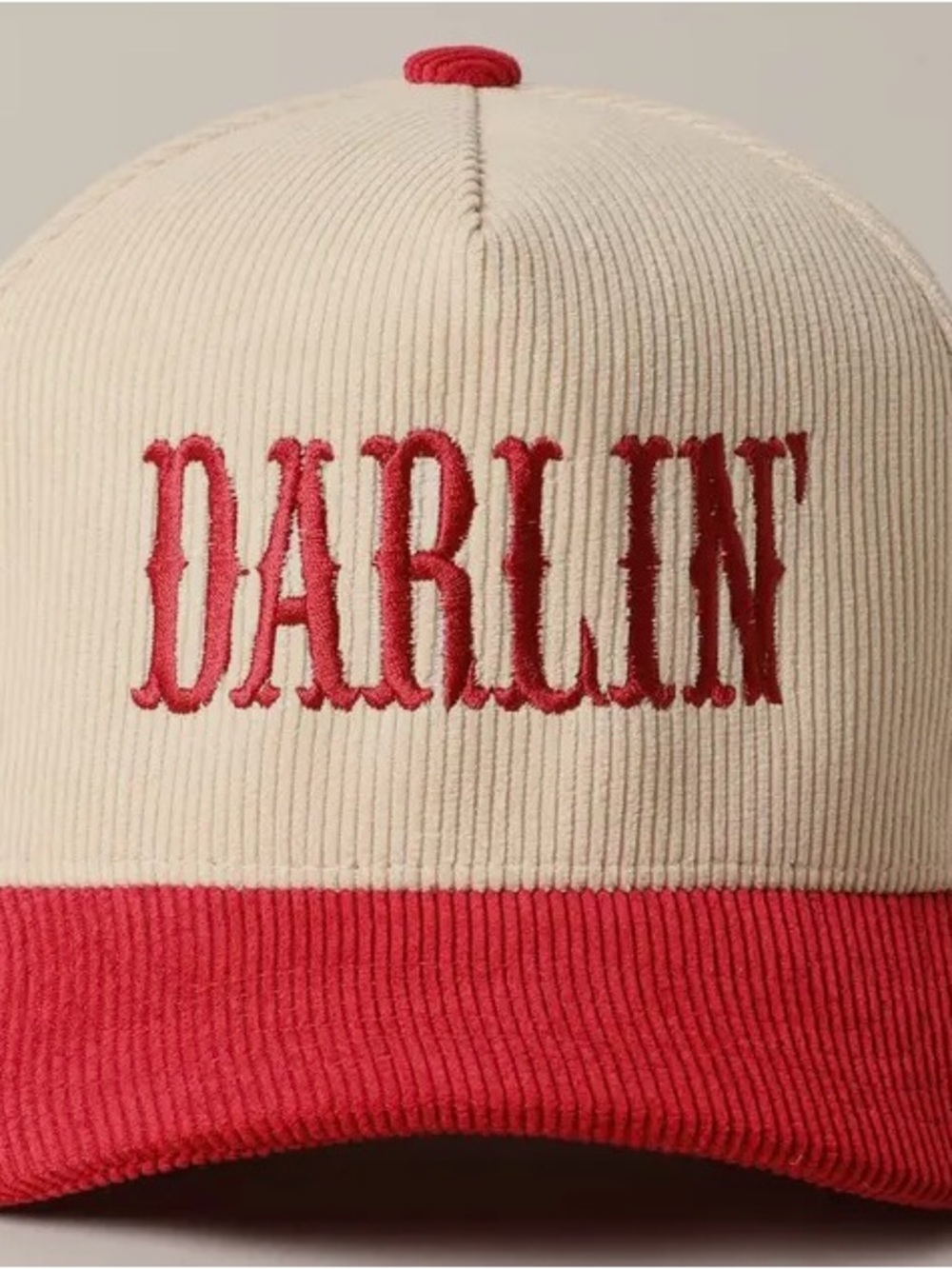 Darlin' Corduroy Trucker Hat in Cream and Red